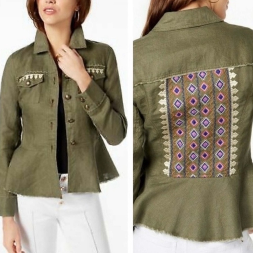Olive Green Embroidered Linen Peplum Jacket NWT | Size Small